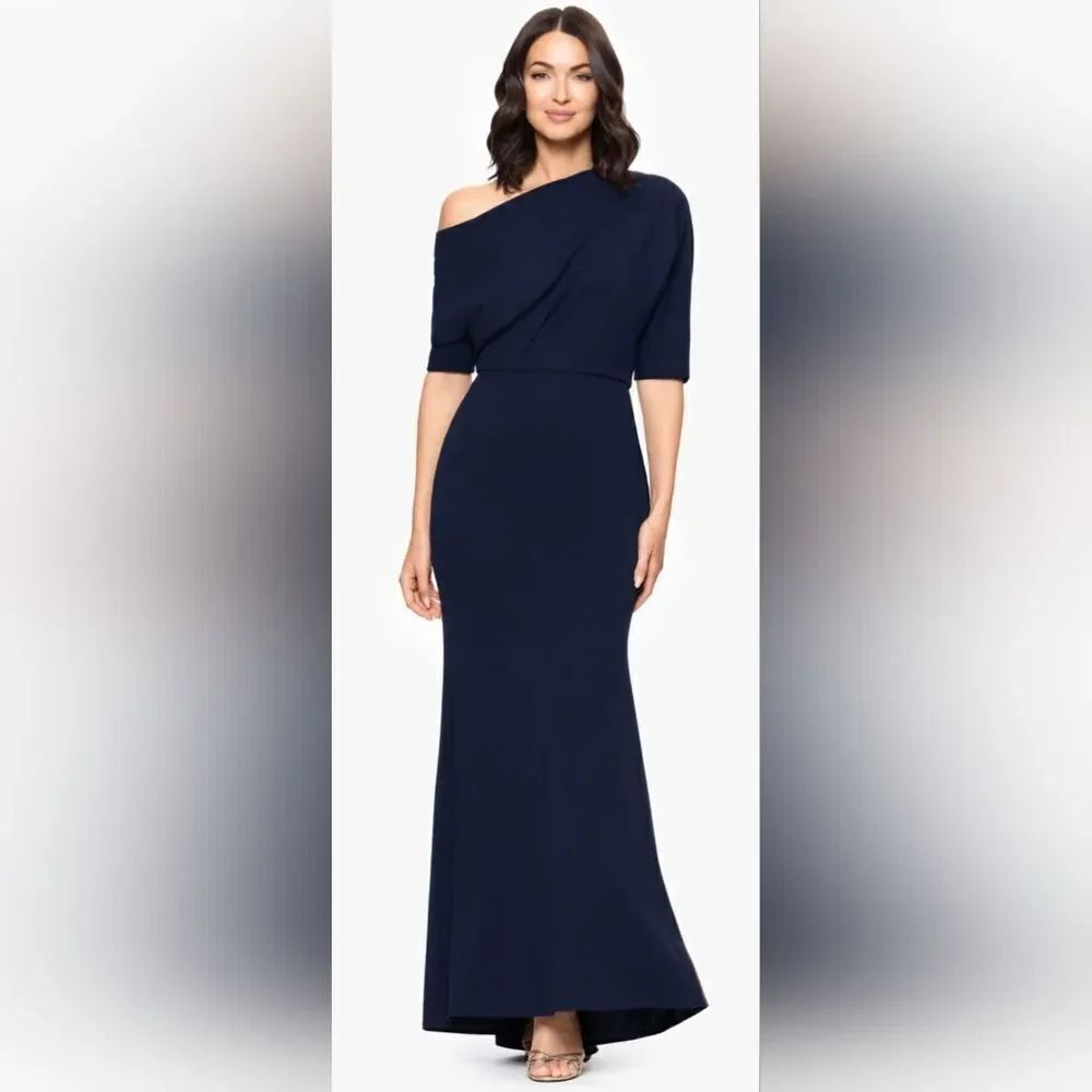 Betsy & Adam Madeline Long Scuba Crepe Off the Shoulder Drop Dress NWT Sz 4 Blue